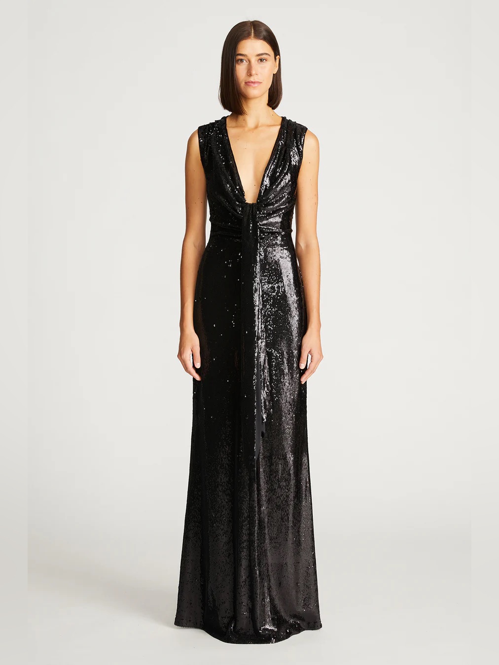 Halston Magdalena Black Sequin Plunging Maxi Gown